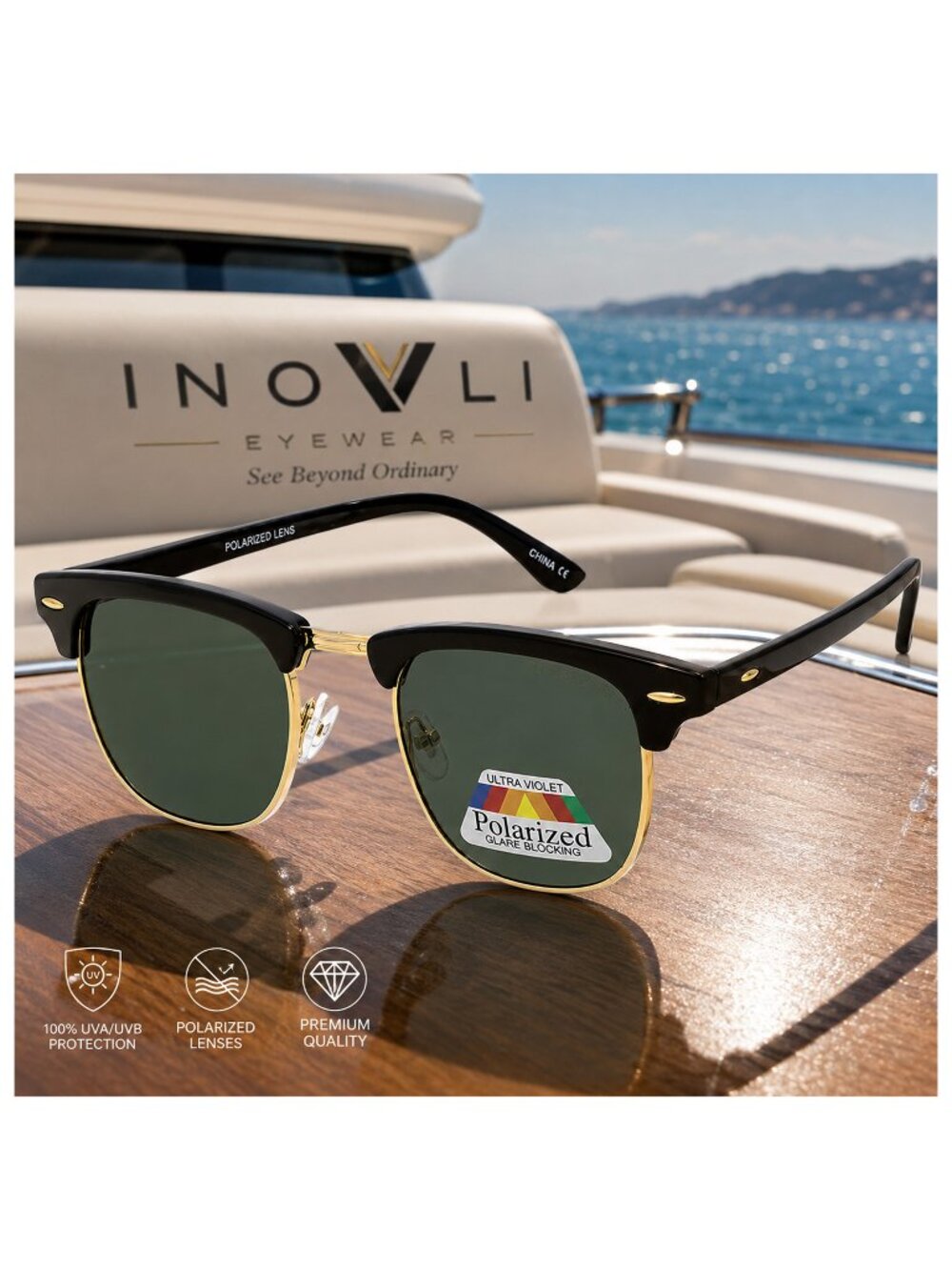 Inovli Clubber Polarized Sunglasses Men Women Classic Browline Retro Fashion UV